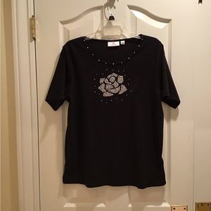 Womens Quacker Factory Black Rose Embellished Top